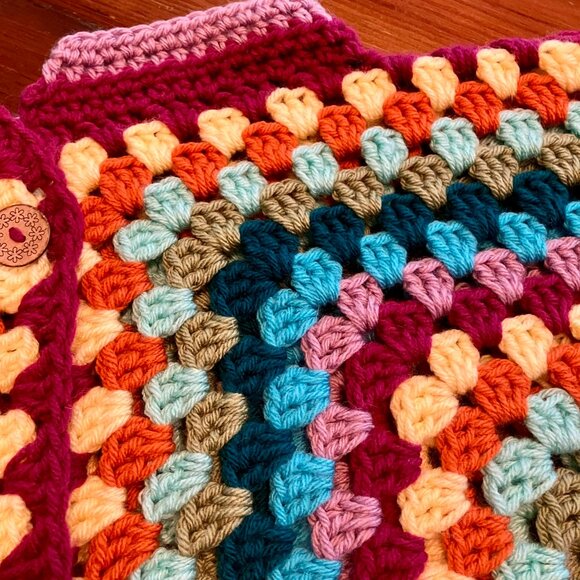 Cardigan Sweater Multicolor Handmade Crochet with 2 Buttons Large - Picture 9 of 9